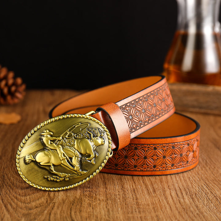 Ceinture en cuir marron avec boucle western pour homme - Laiton - 38 - image 0