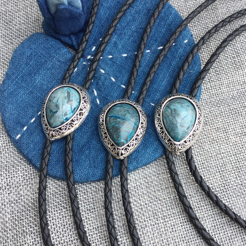 Cravates bolo vintage en métal sculpté turquoise en forme de larme - image 3