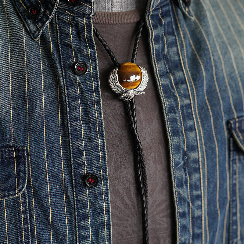 Cravates bolo vintage en métal ornées de pierres œil-de-tigre et d'ailes - image 1