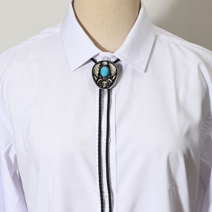 Cravates bolo ovales turquoise en métal sculpté noir et blanc - image 1