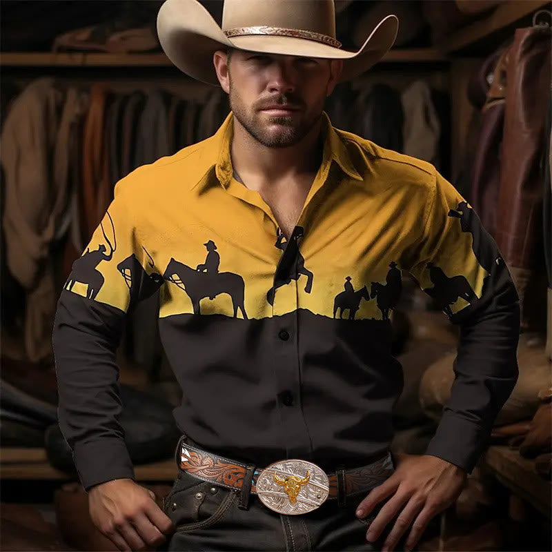 Chemise à manches longues pour homme, imprimé 3D dégradé, style western cowboy - Silhouette dégradée - 5XL - image 0