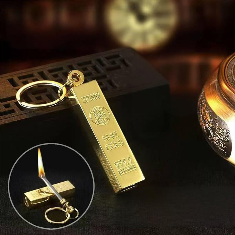 Briquet en métal doré avec porte-clés, motif lingot d'or - Doré - image 1