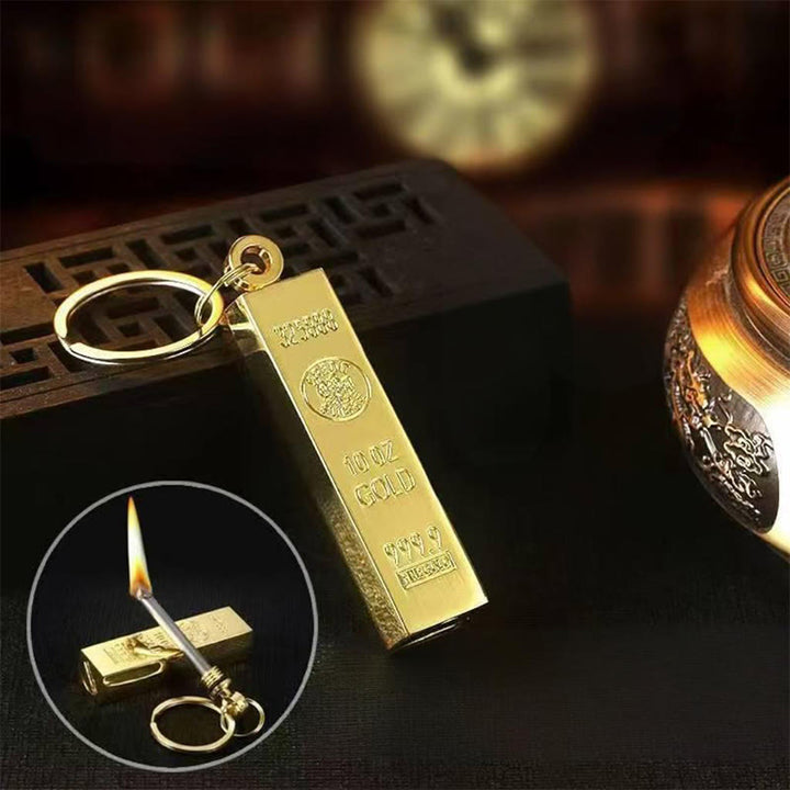 Briquet en métal doré avec porte-clés, motif lingot d'or - Doré - image 1
