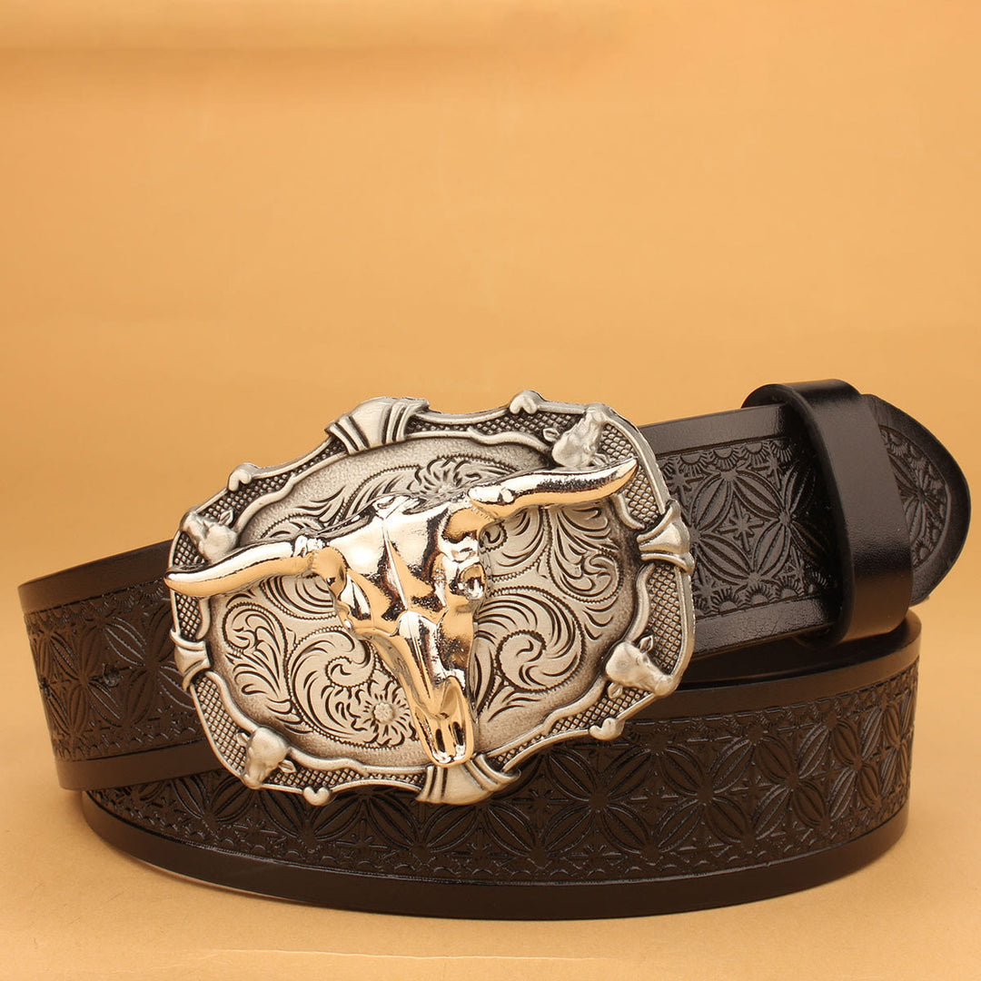 Ceinture western rétro pour homme, motif tête de taureau argentée en relief noir - Tête de taureau argentée - 38 - image 0