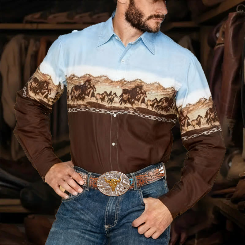 Chemise à manches longues pour homme, style western rétro, imprimé chevaux de montagne - image 0