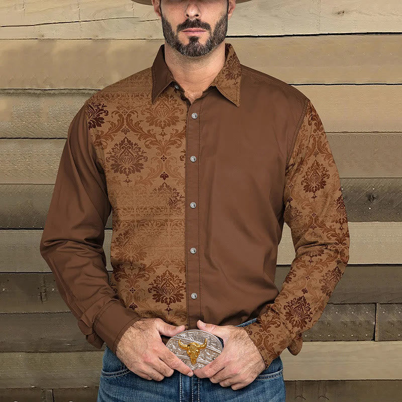 Chemise à manches longues pour homme, style western, imprimé et patchwork uni - Brun - 5XL - image 0