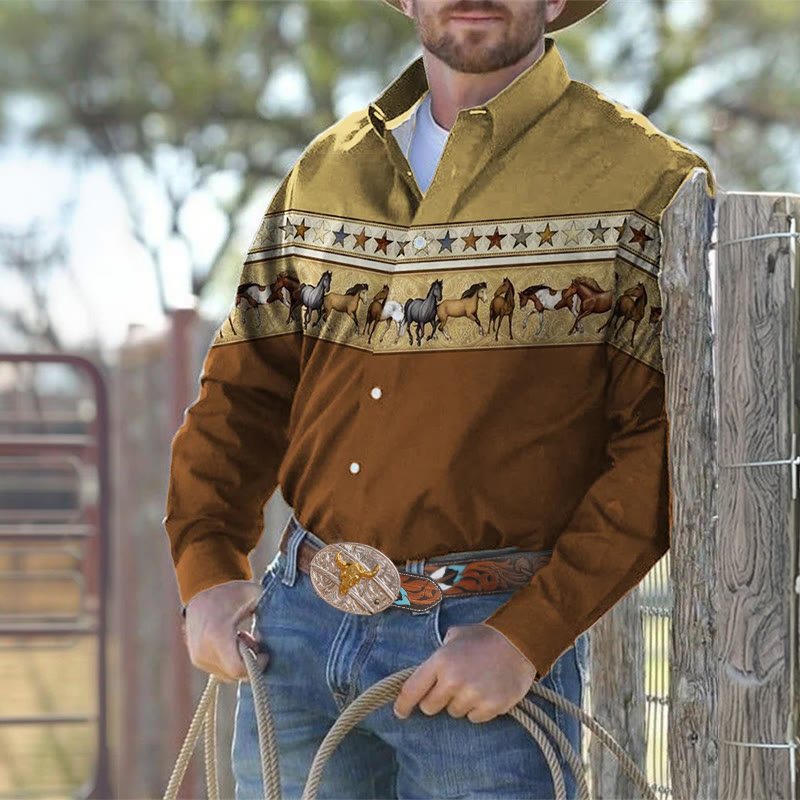 Chemise de cowboy à manches longues pour homme, imprimée en 3D avec des chevaux et des étoiles. - image 0