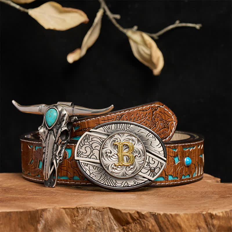 Ensemble pendentif taureau turquoise avec boucle de couteau cachée et initiales (à faire soi-même) - B - Ceinture turquoise sculptée (40) - image 0