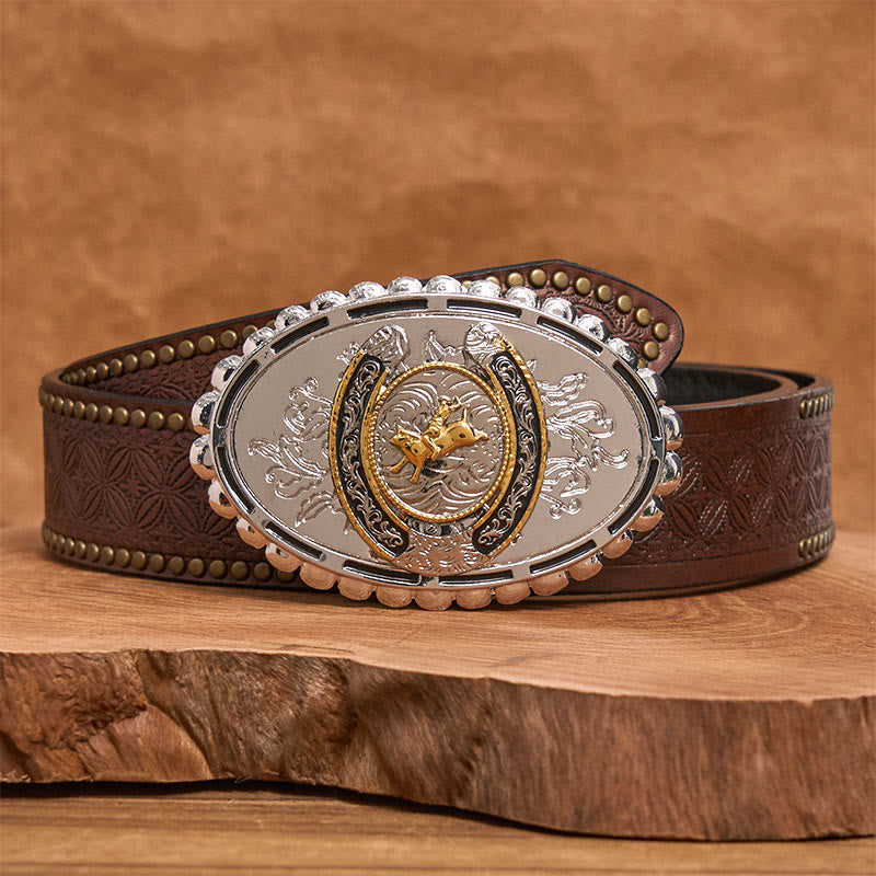 Ceinture en cuir rétro style cowboy doré avec boucle ovale argentée - Ceinture à rivets marron - 42 - image 4