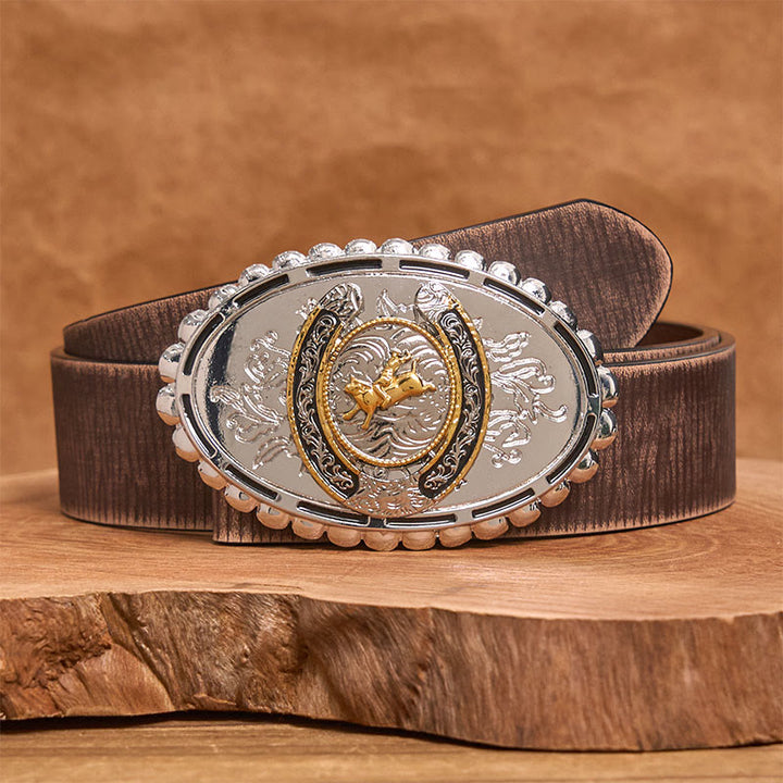 Ceinture en cuir rétro style cowboy doré avec boucle ovale argentée - Ceinture marron vieillie - 42 - image 5