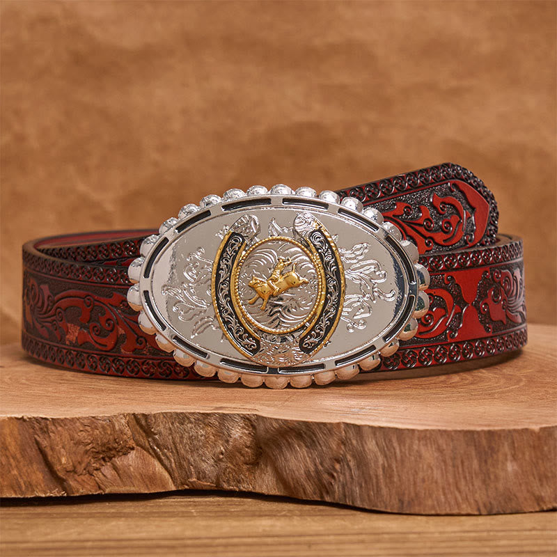 Ceinture en cuir rétro style cowboy doré avec boucle ovale argentée - Ceinture sculptée marron - 42 - image 6