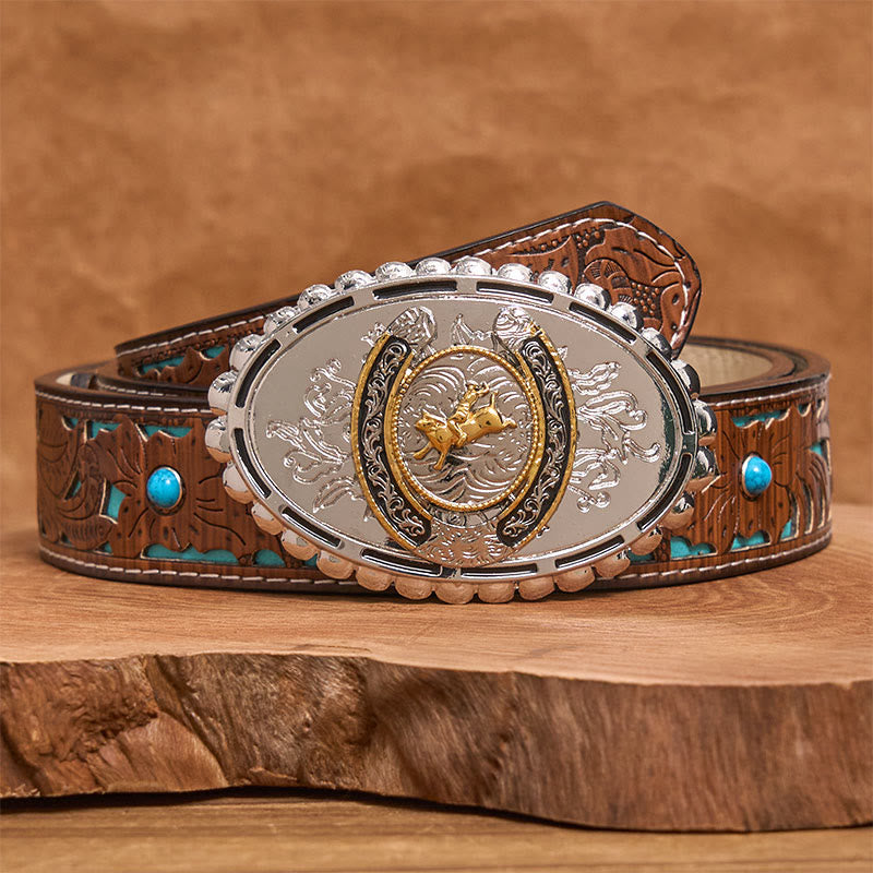Ceinture en cuir rétro style cowboy doré avec boucle ovale argentée - Ceinture turquoise sculptée - 42 - image 3