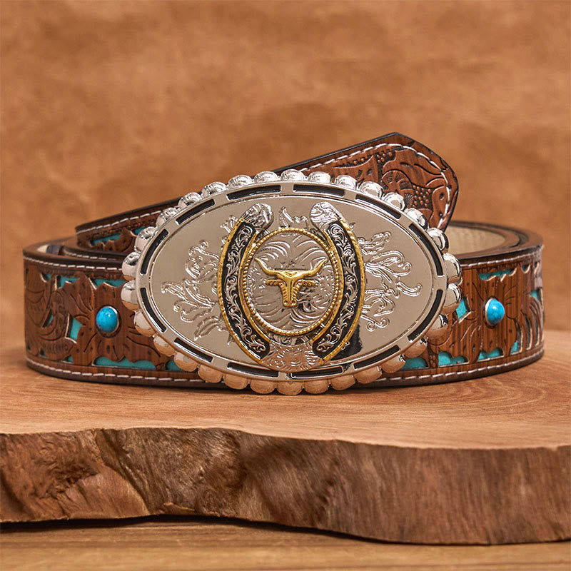 Ceinture en cuir pour homme avec boucle ellipse en cuir argenté sculpté à tête de taureau dorée - Ceinture turquoise sculptée - 42 - image 3