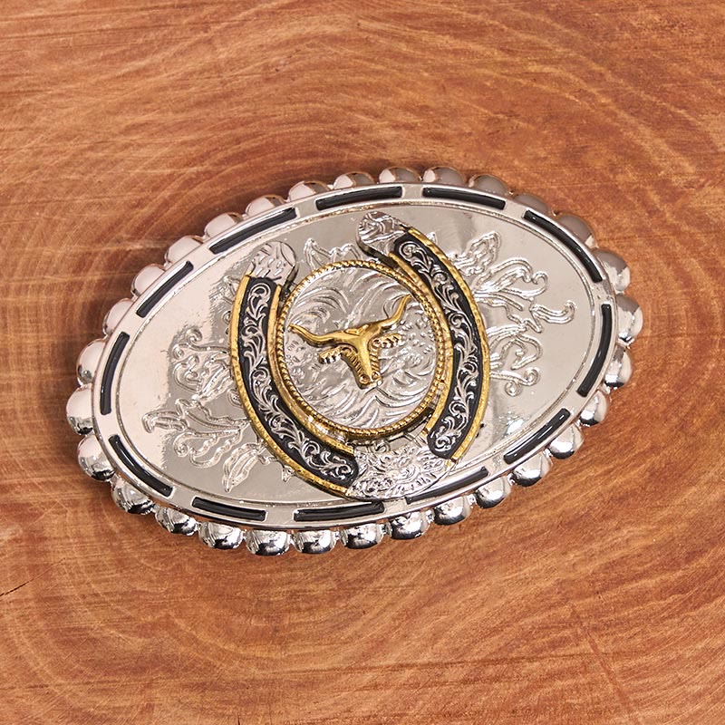 Ceinture en cuir pour homme avec boucle ellipse en cuir argenté sculpté à tête de taureau dorée - image 1