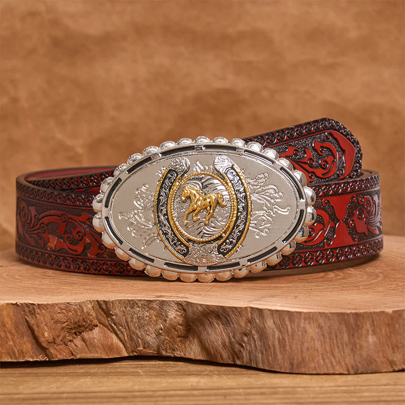 Ceinture en cuir pour homme, style western, avec boucle ovale en forme de cheval doré sculpté argenté - Ceinture sculptée marron - 42 - image 6