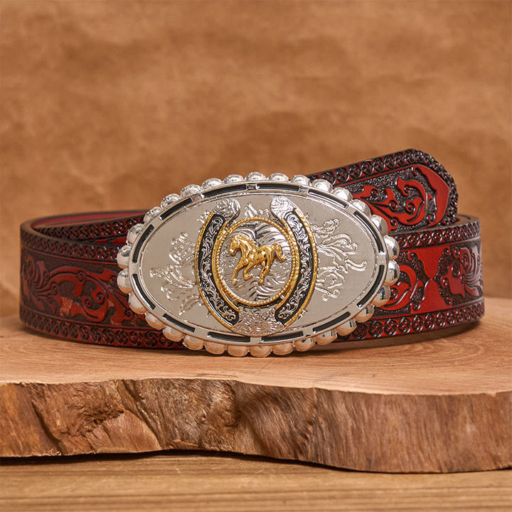 Ceinture en cuir pour homme, style western, avec boucle ovale en forme de cheval doré sculpté argenté - Ceinture sculptée marron - 42 - image 6