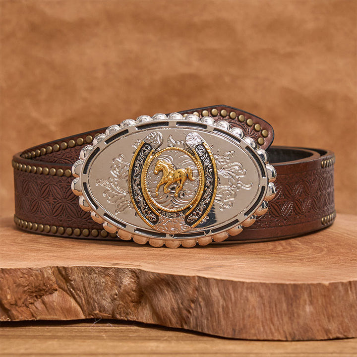 Ceinture en cuir pour homme, style western, avec boucle ovale en forme de cheval doré sculpté argenté - Ceinture à rivets marron - 42 - image 4