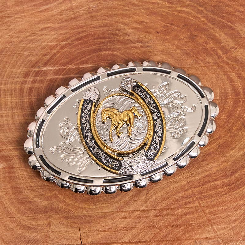 Ceinture en cuir pour homme, style western, avec boucle ovale en forme de cheval doré sculpté argenté - image 1