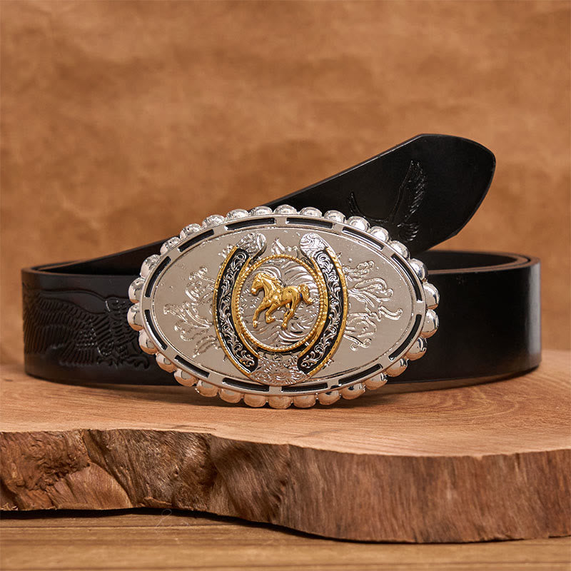 Ceinture en cuir pour homme, style western, avec boucle ovale en forme de cheval doré sculpté argenté - Ceinture noire à motif aigle en relief - 42 - image 2