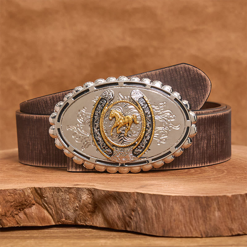 Ceinture en cuir pour homme, style western, avec boucle ovale en forme de cheval doré sculpté argenté - Ceinture marron vieillie - 42 - image 5