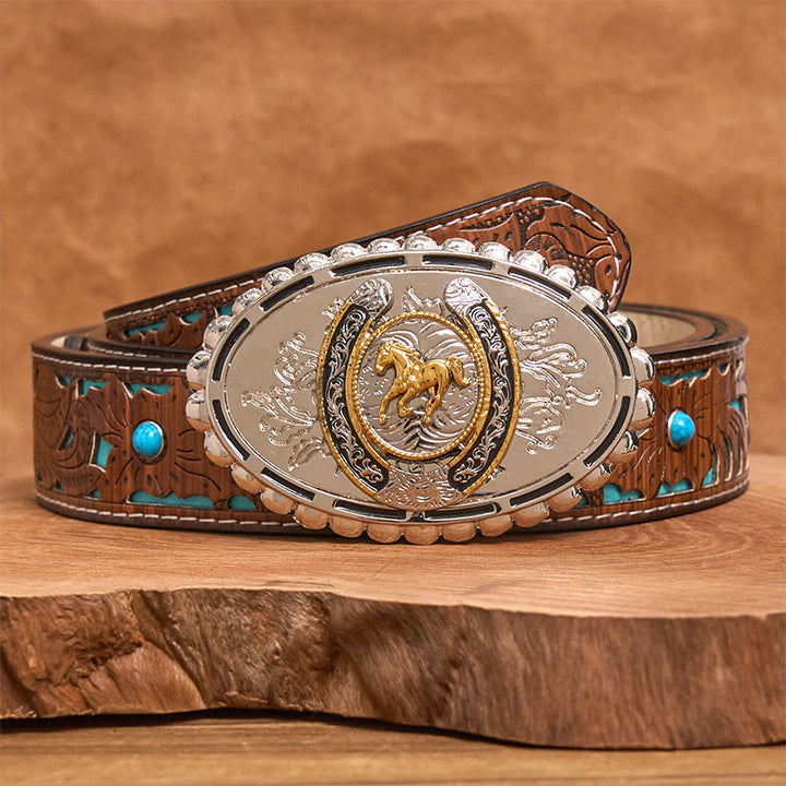 Ceinture en cuir pour homme, style western, avec boucle ovale en forme de cheval doré sculpté argenté - Ceinture turquoise sculptée - 42 - image 3