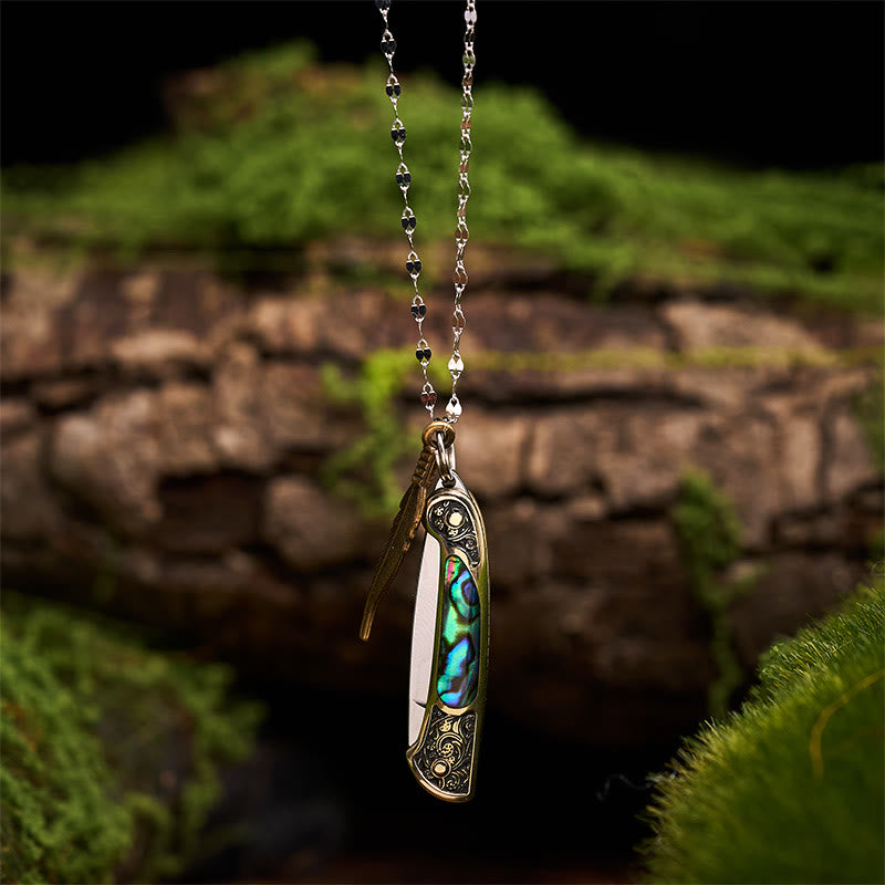 Outil d'extérieur exquis : couteau pliant et collier pendentif plume - Laiton - image 4
