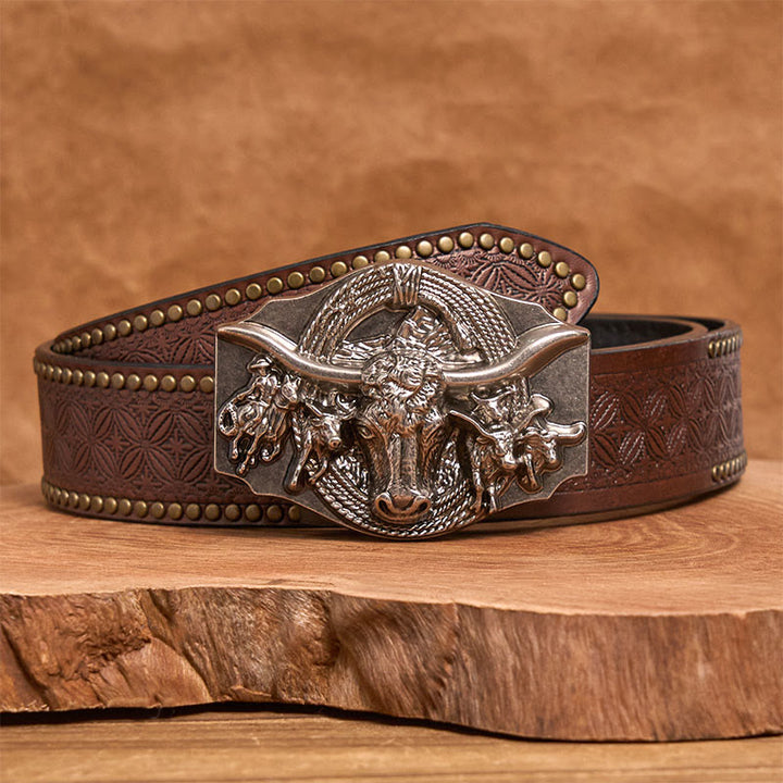 Ceinture en cuir pour homme avec boucle tête de taureau dorée et argentée de style western - Argent - Ceinture à rivets marron - 42 - image 9