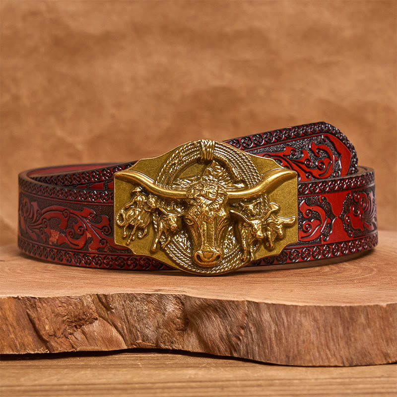 Ceinture en cuir pour homme avec boucle tête de taureau dorée et argentée de style western - Doré - Ceinture sculptée marron - 42 - image 12