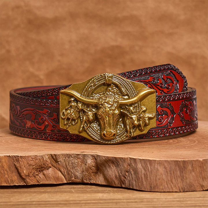 Ceinture en cuir pour homme avec boucle tête de taureau dorée et argentée de style western - Doré - Ceinture sculptée marron - 42 - image 12