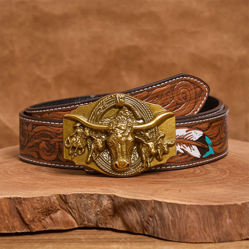 Ceinture en cuir pour homme avec boucle tête de taureau dorée et argentée de style western - Doré - Ceinture de plumes brunes - 40 - image 14