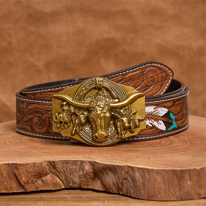 Ceinture en cuir pour homme avec boucle tête de taureau dorée et argentée de style western - Doré - Ceinture de plumes brunes - 40 - image 14