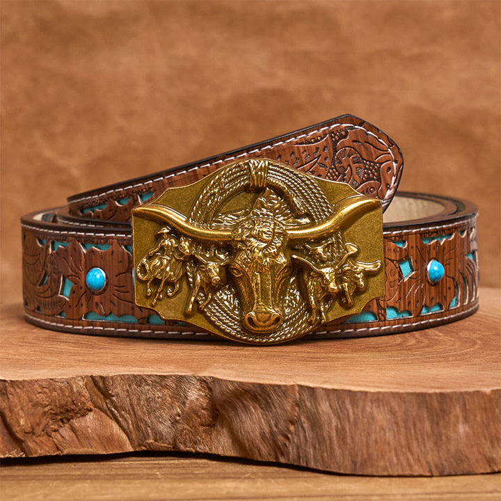 Ceinture en cuir pour homme avec boucle tête de taureau dorée et argentée de style western - Doré - Ceinture turquoise sculptée - 42 - image 6