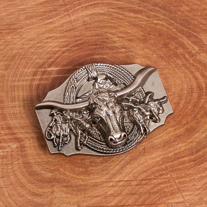 Ceinture en cuir pour homme avec boucle tête de taureau dorée et argentée de style western - image 3