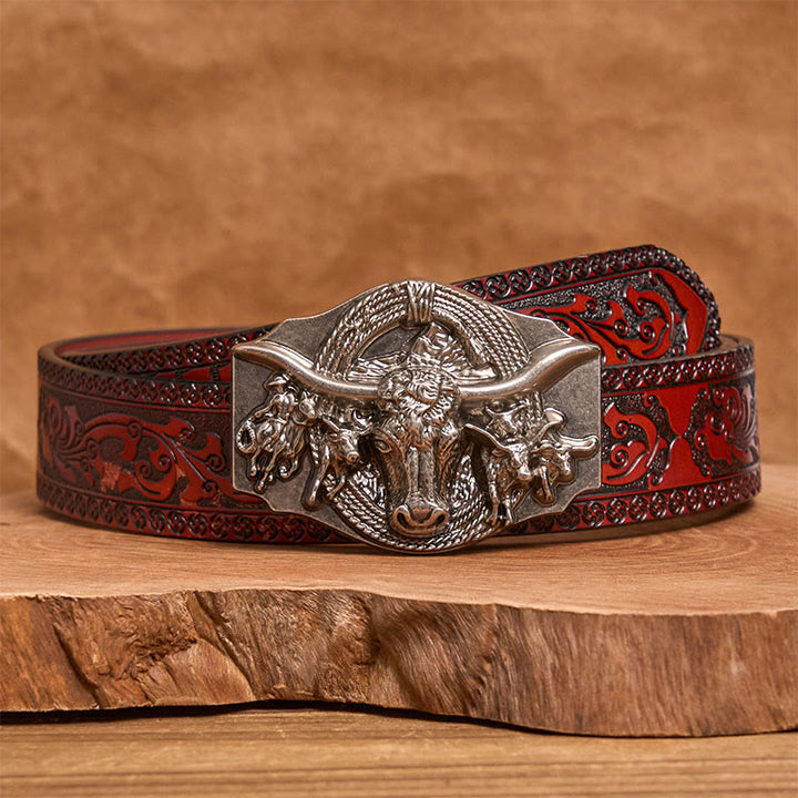 Ceinture en cuir pour homme avec boucle tête de taureau dorée et argentée de style western - Argent - Ceinture sculptée marron - 42 - image 13