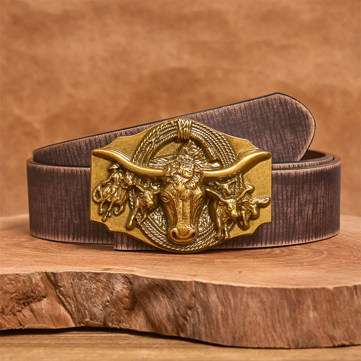 Ceinture en cuir pour homme avec boucle tête de taureau dorée et argentée de style western - Doré - Ceinture marron vieillie - 42 - image 10