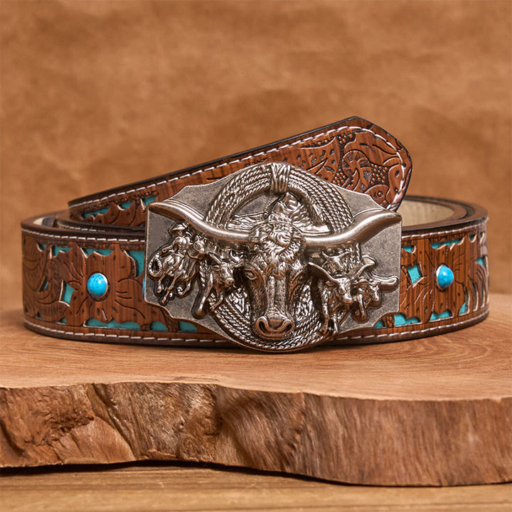 Ceinture en cuir pour homme avec boucle tête de taureau dorée et argentée de style western - Argent - Ceinture turquoise sculptée - 42 - image 7