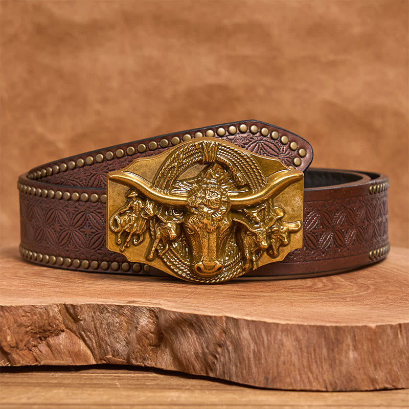 Ceinture en cuir pour homme avec boucle tête de taureau dorée et argentée de style western - Doré - Ceinture à rivets marron - 42 - image 8