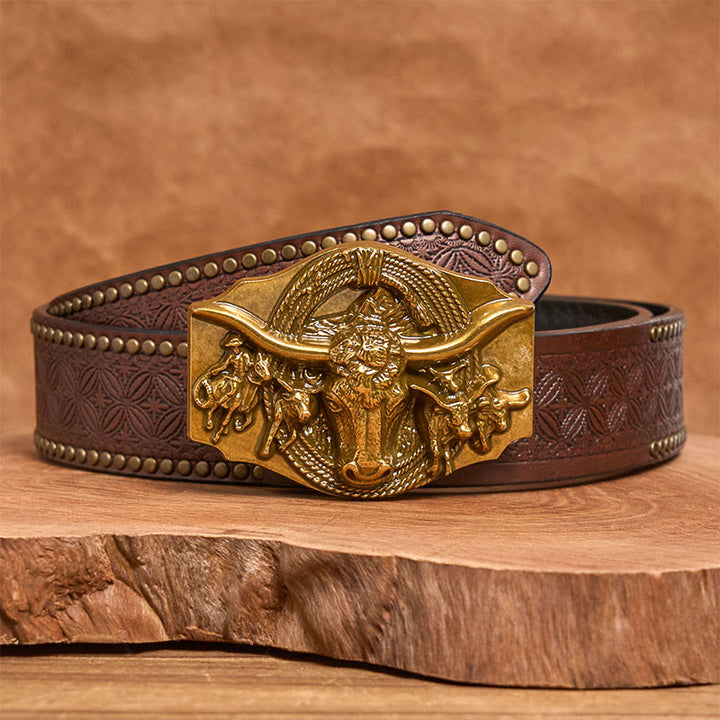 Ceinture en cuir pour homme avec boucle tête de taureau dorée et argentée de style western - Doré - Ceinture à rivets marron - 42 - image 8
