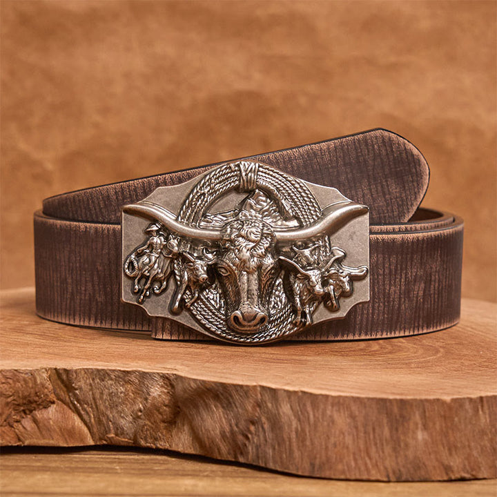 Ceinture en cuir pour homme avec boucle tête de taureau dorée et argentée de style western - Argent - Ceinture marron vieillie - 42 - image 11