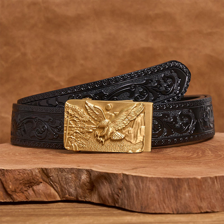Ceinture en cuir pour homme avec boucle automatique en métal sculpté représentant un aigle doré - Aigle royal - Ceinture noire à motif sculpté (40) - image 5