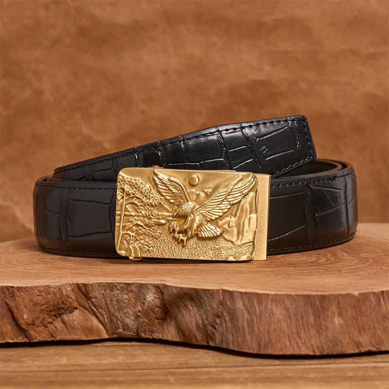 Ceinture en cuir pour homme avec boucle automatique en métal sculpté représentant un aigle doré - Aigle royal - Ceinture à motif crocodile noir (40) - image 2