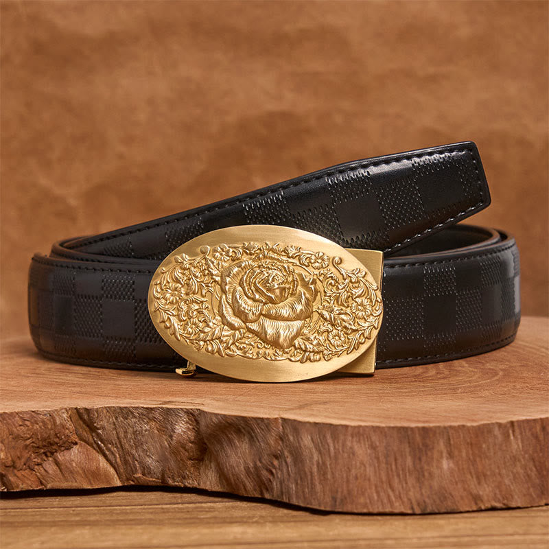 Ceinture en cuir pour homme avec boucle automatique ovale en métal rose doré - Rose dorée - Ceinture à carreaux noirs (40) - image 6