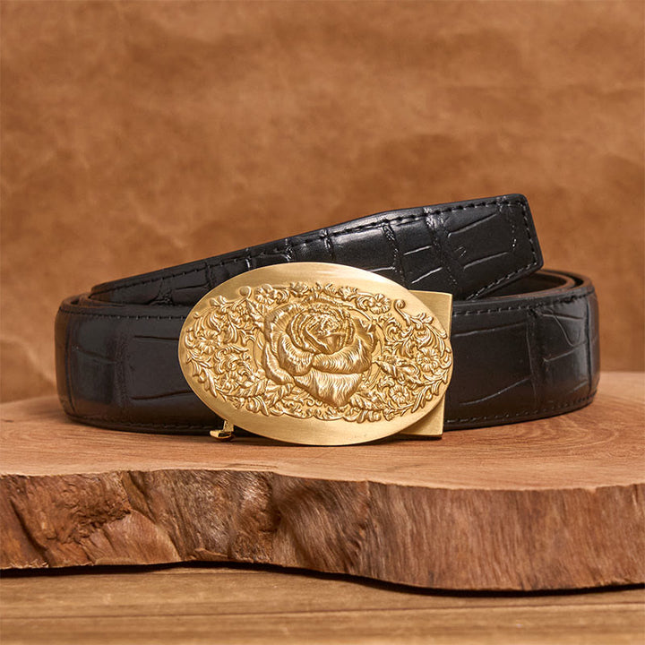 Ceinture en cuir pour homme avec boucle automatique ovale en métal rose doré - Rose dorée - Ceinture à motif crocodile noir (40) - image 2