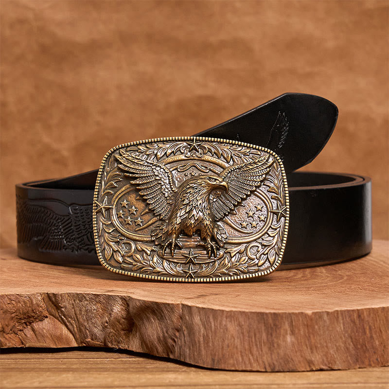 Ceinture en cuir pour homme avec boucle aigle 3D bronze vintage - Bronze - Ceinture noire à motif aigle en relief - 42 - image 4