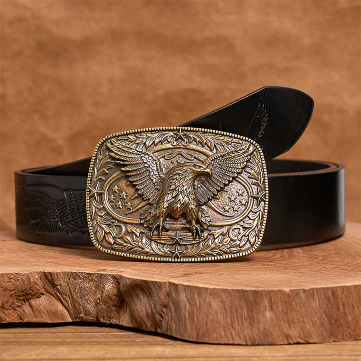 Ceinture en cuir pour homme avec boucle aigle 3D bronze vintage - Bronze - Ceinture noire à motif aigle en relief - 42 - image 4