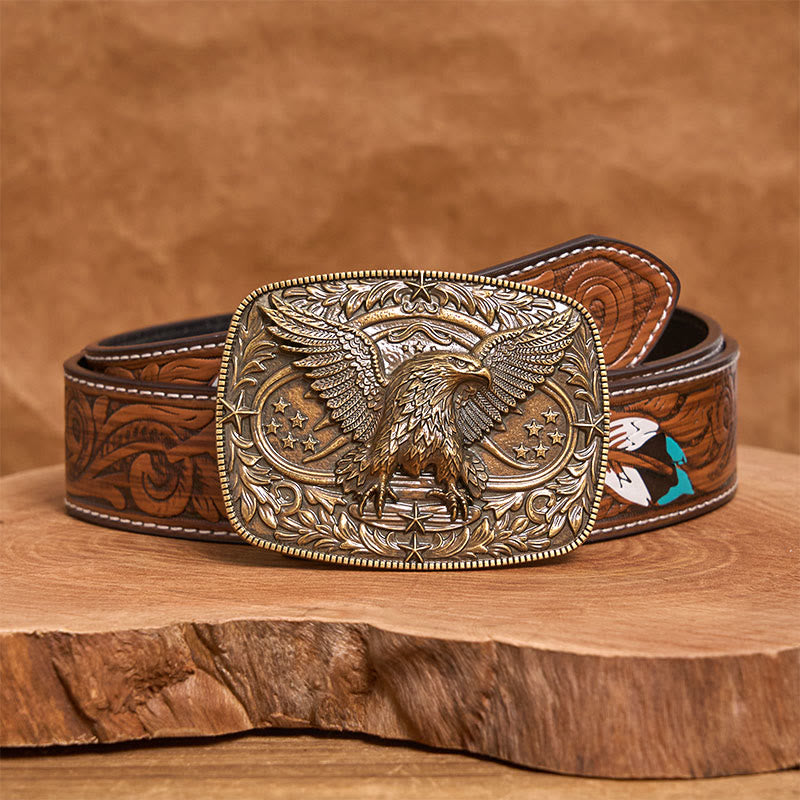 Ceinture en cuir pour homme avec boucle aigle 3D bronze vintage - Bronze - Ceinture de plumes brunes - 40 - image 14