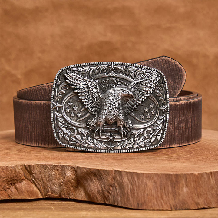 Ceinture en cuir pour homme avec boucle aigle 3D bronze vintage - Argent - Ceinture marron vieillie - 42 - image 11