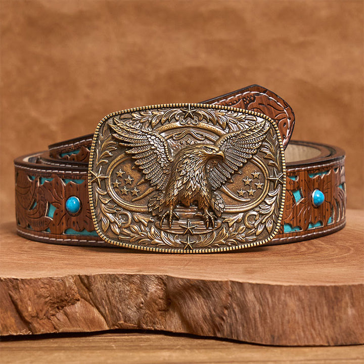 Ceinture en cuir pour homme avec boucle aigle 3D bronze vintage - Bronze - Ceinture turquoise sculptée - 42 - image 6