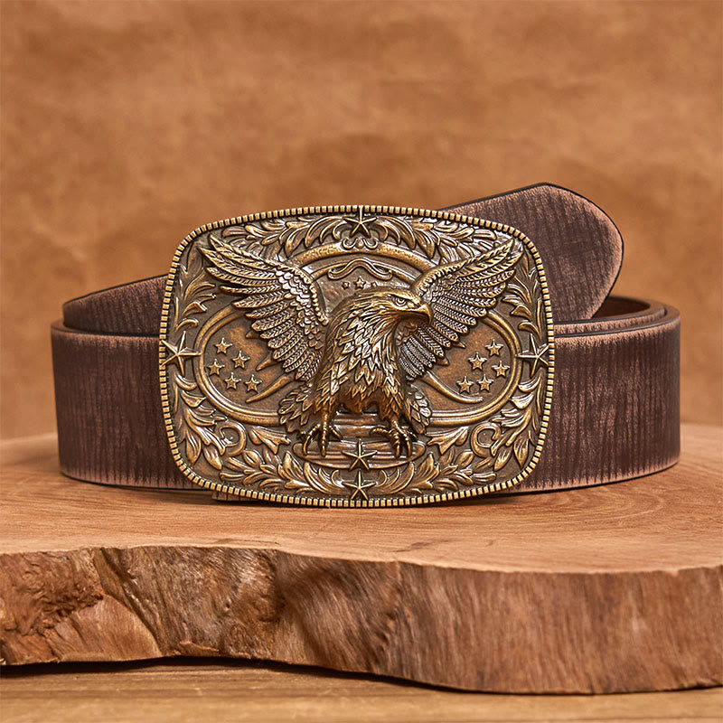 Ceinture en cuir pour homme avec boucle aigle 3D bronze vintage - Bronze - Ceinture marron vieillie - 42 - image 10
