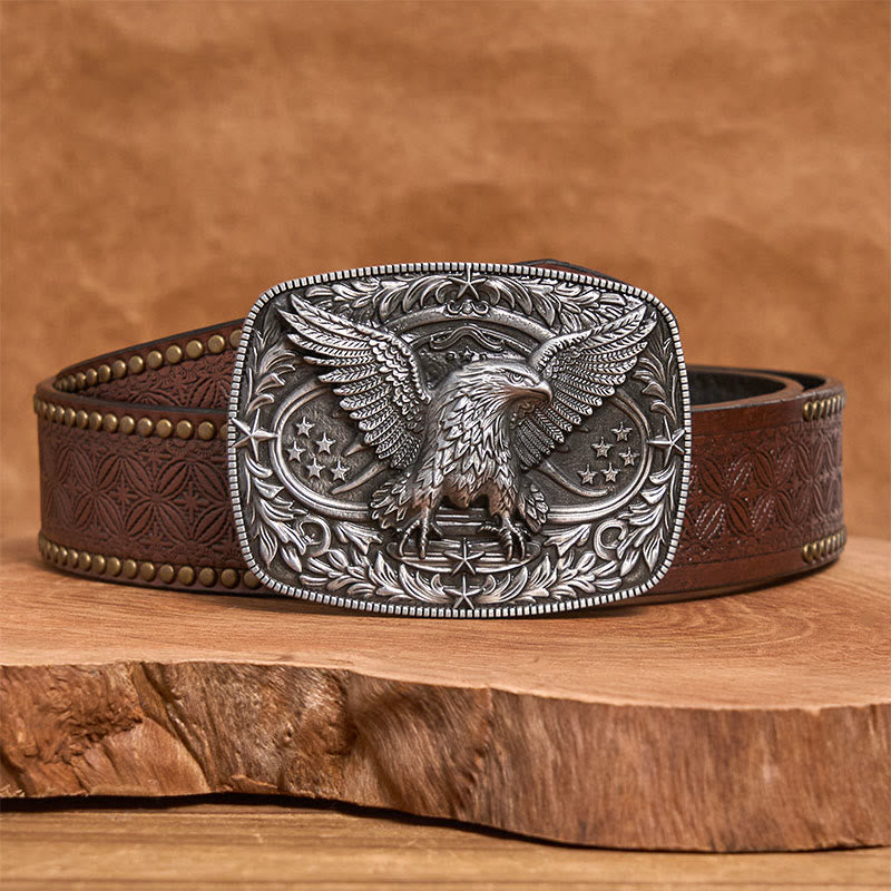 Ceinture en cuir pour homme avec boucle aigle 3D bronze vintage - Argent - Ceinture à rivets marron - 42 - image 9